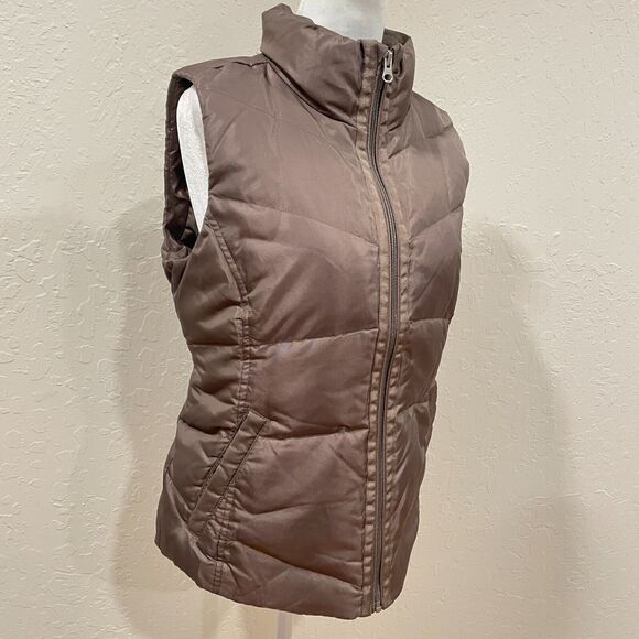 ~~ Lands End Down/Feathers Puffer Vest Sm Womens Zip Up Dark Brown Snap Pockets~ - Picture 1 of 16